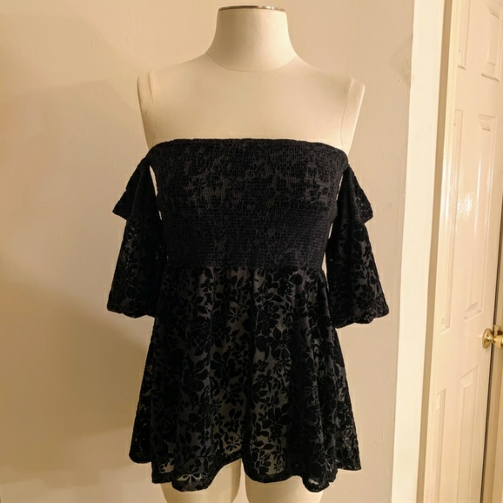 Francesca's black velvet off-shoulder top